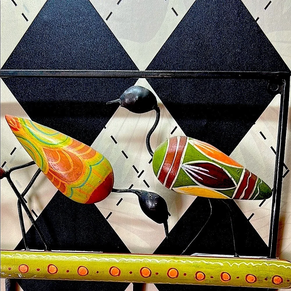 Tribal Folk Art Wall Hook Rack – Hand-Painted Birds – African / Mexican Inspired
